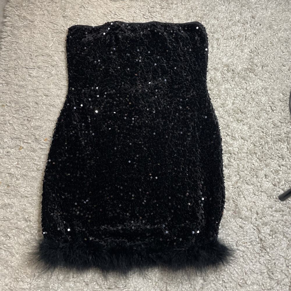 Black Sequin Feather Mini Dress Strapless Party Night Out Cocktail Bodycon XXL